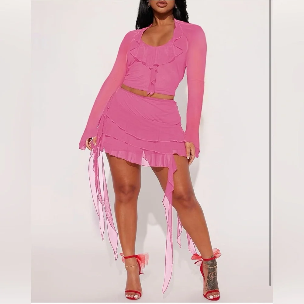 Sexy mesh Mini Dresses Date Night Ruffle Hem Cocktail Dress 2 Piece Skirt Sets - Picture 4 of 5